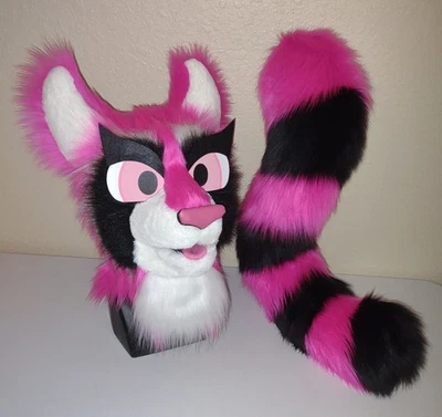粉红色浣熊皮衣部分动物服装吉祥物头部和尾巴! — 第 1/4 张图片