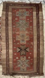 Rare Antique Brown Camel Hair Tribal Geometric Wool Hand Knotted 6.7” X 3.10” - Picture 1 of 5