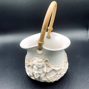 Nan Kirstein Pottery Bowl Basket Artist Signed 3D Art Nouveau Lady Womens Faces - Picture 1 of 9