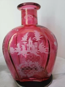 Vintage Bohemian Flashed Ruby & Etched Glass Decanter/No Top - Picture 1 of 12