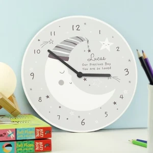 Personalised Moon Wooden Nursery Clock - Personalised Gift - Picture 1 of 5