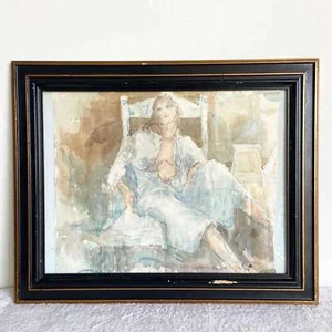 Framed Watercolor Painting of Lady Lounging in Robe Attire - Picture 1 of 9