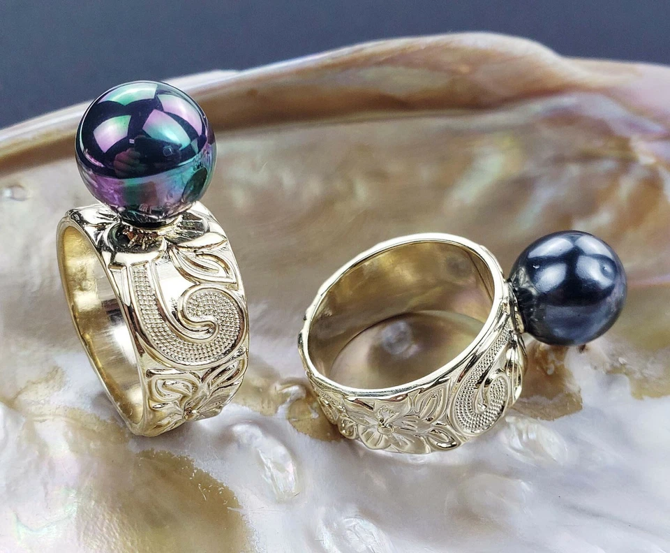 Anillo con caparazón de perla negra banda hawaiana cónica Foto 1 de 1