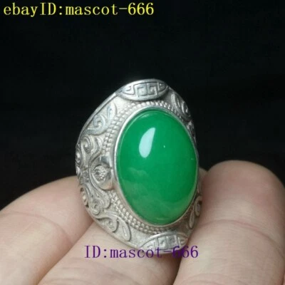 Anillo de jade con incrustaciones de flores talladas en plata del Tíbet chino excelente colección de regalo Foto 1 de 4
