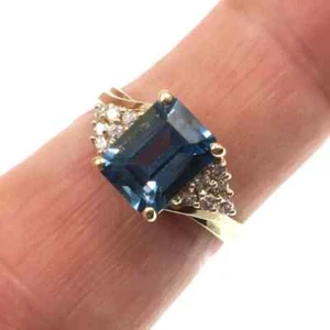 14k Solid Yellow Gold Natural London Blue Topaz and Diamonds Cocktail Ring - Picture 1 of 4