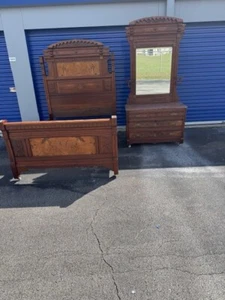 1891 AMERICAN VICTORIAN WALNUT BURL Bed & Dresser –Refinished - Picture 1 of 13