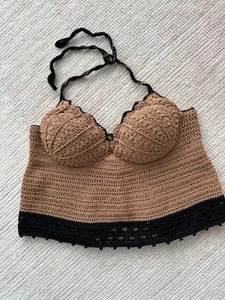 New Crochet Crop Top Handmad Brown Halter V-Neck Size Small/M - Picture 1 of 11