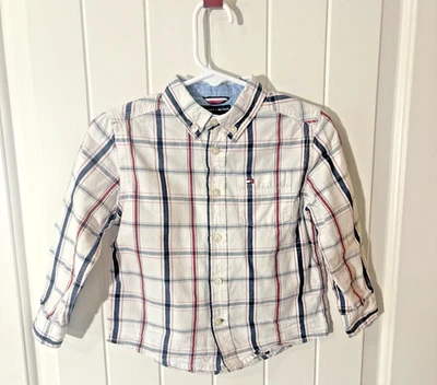Tommy Hilfiger 男孩长袖正装衬衫尺寸 2T 白色带蓝色和红色条纹 — 第 1/4 张图片