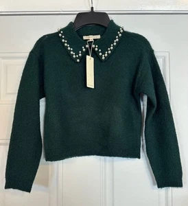 Copper Key Sweater Collar Long Sleeve Knit Pearls Dark Green Girls Small Holiday - Picture 1 of 4