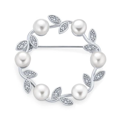 Brooch Pin White Pearl CZ Crystal Wreath for Women Heavy Duty - Image 1 of 4