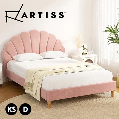Artiss Bed Frame Scallop-Shape Bedhead Beds Base Pink Velvet Fabric - image 1 of 4