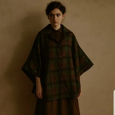 Capa reversible vintage hecha a mano marrón verde a cuadros talla única Dark Academia Foto 1 de 4