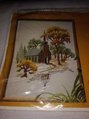 Vintage 1981 Cross Stitch Kit Little Church by the Lake New Old Stock Steeple  - Image 1 of 4
