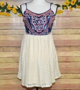 Maurices Size L Summer Dress Blue Aztec Embroidery & Cream Lace Boho Festival - Picture 1 of 10