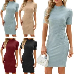 Womens High Neck Short Sleeve Bodycon Dress Party Slim Stretch Mini Dresses - Picture 1 of 16