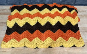 VTG Afghan Blanket Zig Zag Throw BlanketHandmade Retro 50x23 Orange Yellow Brown - Picture 1 of 4