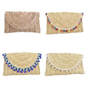 Bohemia Straw Woven Clutch Knitting Handbag Tassels Hair Ball Envelope Bag Gifts