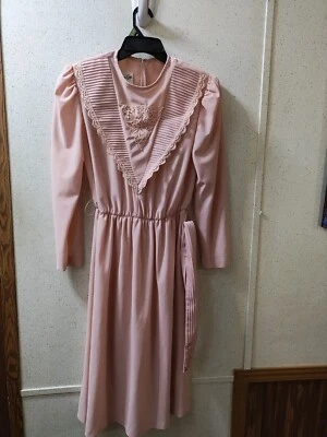 Vintage Jennifer Gee Chiffon Dress Pink Lace Puff Long Sleeve Size 10 Clean USA - Image 1 of 4