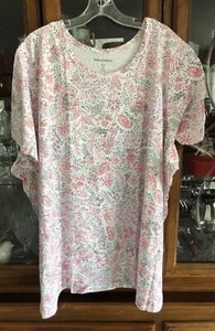 Woman Within 4X 34/36 Plus Top V Neck Short Sleeve Floral White Multi Cotton NEW - Picture 1 of 13