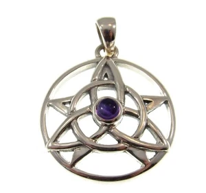 Solid 925 Sterling Silver Celtic Trinity Star Pendant Druid Amulet With Gemstone - Picture 1 of 12