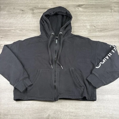Calvin Klein Hoodie Size Small Spellout Logo Sweatshirt Cropped Full Zip Black - Image 1 of 4
