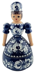 Vintage ungarische Volkskunst Puppe Schmuckschatulle blau & weiß Holz handbemalt 5 Zoll - Bild 1 von 4