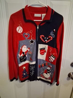 Cárdigan Suéter Feo Rojo Azul Marino Cremallera Navidad Ciervo Blanco De Colección Para Mujer Talla S Foto 1 de 4