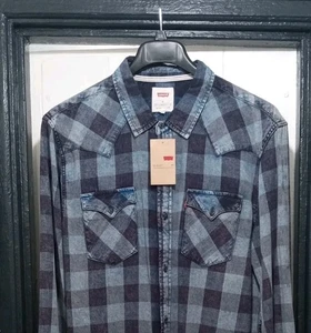 Camicia a quadri Levis BLUE ACID WASH "BLEESH" uomo con bottoni manica lunga XL vestibilità slim - Foto 1 di 11