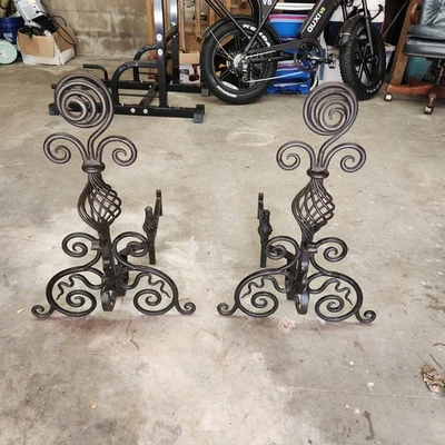 Antique 1900s Wrought Iron Fireplace Andirons pristine condition - Image 1 of 3