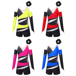 Kids Girls Bodysuit Competition Dance Leotards Hair Jumpsuit Skating Dress Tie - Picture 1 of 51