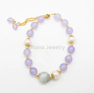 Natural Lavender Jade Freshwater Pearl Adjustable Copper Bracelet - Green Lotus - Image 1 of 2