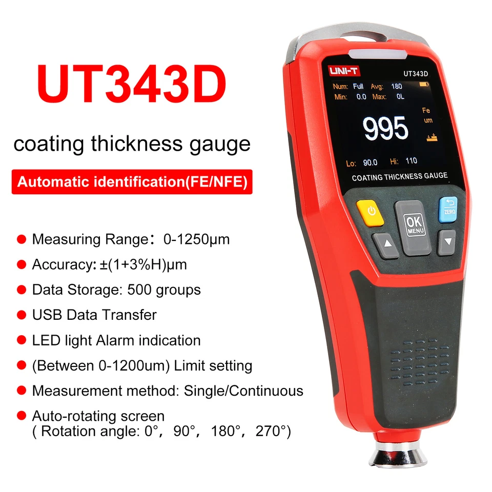 Uni-T UT343D Coating Thickness Gauge 0 1250UM Ferrous/ Non-Ferrous. yo