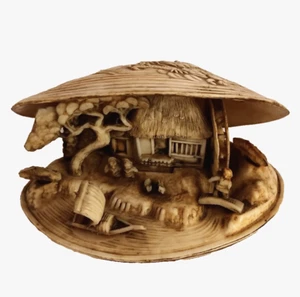 De colección Japonés Celuloide Almeja Concha Paisaje Rural Diorama Rueda Agua Barco - Imagen 1 de 7