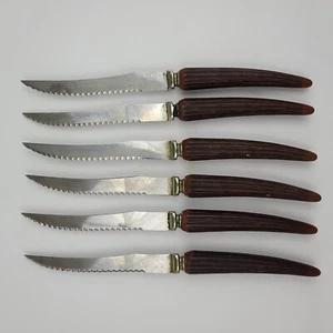 6 Vtg Regal Crest Steak Knives Sheffield England Stag Type Handles Stainless - Picture 1 of 14