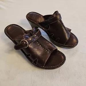 Born Block Heel Sandals Women's 8/39 Brown Leather Open Toe Slip On Shoes Buckle - Picture 1 of 16