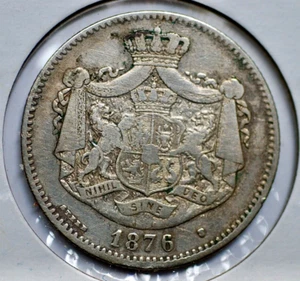 RARE 1876 Romania 2 Lei Silver Coin *VF. - Picture 1 of 4