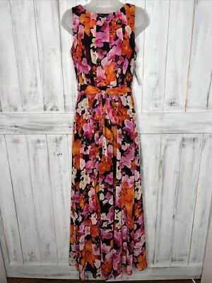 NUEVO CON ETIQUETAS MAXI VESTIDO ELIZA J NUEVO ROSA NARANJA FLORAL SIN MANGAS PLISADO FORRADO CINTURÓN 4 Foto 1 de 4