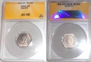 One Year Type 1944 Egypt Silver Coin Hexagonal Two Piastres King Farouk I AU 58 - Picture 1 of 3