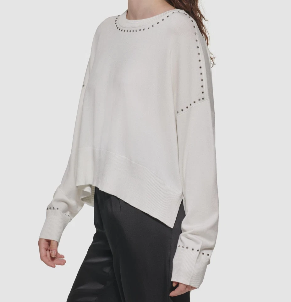 DKNY Women's White Studded Crewneck Pullover Sweater Sweatshirt Size S