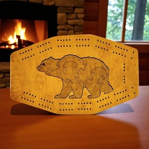 Vintage rustikales Holz handgefertigtes Cribbage Spielbrett Northwoods Bär Puzzle 11 Zoll - Bild 1 von 11