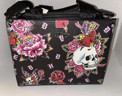 Nova Bolsa Satchel Ed Hardy Bolsa Tote Capa Transversal Caveiras Corações Rosas - Imagem 1 de 4