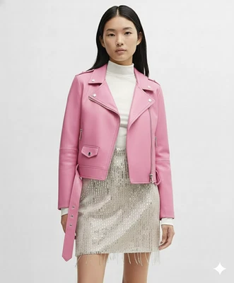 Chaqueta informal de cuero rosa hecha a mano para motocicleta piel de cordero genuina para mujer elegante Foto 1 de 4