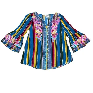 Savanna Jane Serape Embroidered Blouse Bell Sleeve Top Womens Medium Boho Tunic - Picture 1 of 14