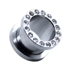Flesh Tunnel Plug Ear Glitter Rhinestone Zirconia Silver 1.6 2 3 4 5 6 8 10mm - Picture 1 of 1