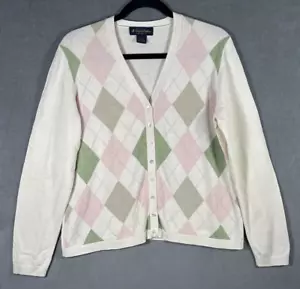 Brooks Brothers Damen Seidenmischung Argyle Strickjacke Elfenbein Grün Rosa Größe Large - Bild 1 von 6