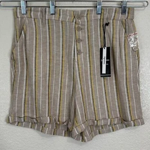 NWT Definitions Linen Blend Tan White Striped Button Fly Shorts, Sz Large - Picture 1 of 9