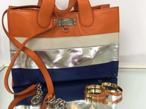 New My Flat In London Eaton Purse Bag Tote Orange Blue Silver NWT w Extras - Picture 1 of 15