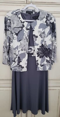Jessica Howard Two Piece Dress Jacket Set Sz 8p Grey White Charcoal Floral - Image 1 of 4