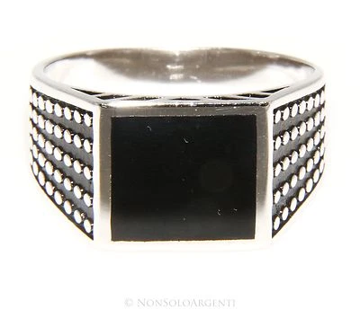 anello uomo argento 925 scudo quadrato chevalier nero faux onice smalto nero - Immagine 1 di 2