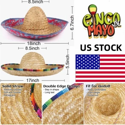 18" Mexican Sombrero Hat Straw Sombrero Hat with Serape for Cinco De Mayo Party - Image 1 of 4